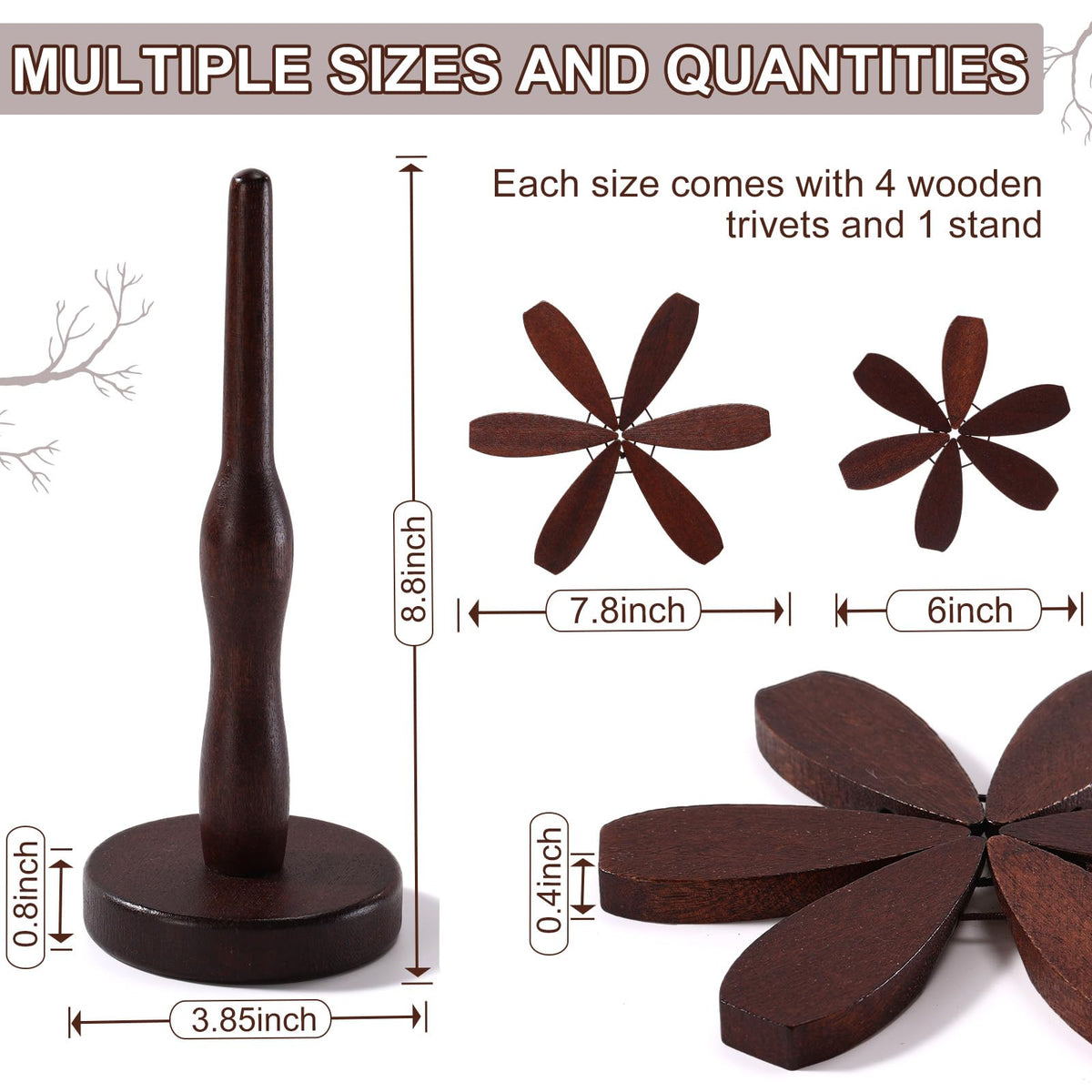 Wonderjune Tree Coasters Set of 8, Wooden Trivets for Hot Dishes, 2 Sizes Foldable Tree Shaped Trivets with 2 Stands, Decorative Kitchen Table Pad Mat Decor for Hot Pots, Pans, Cups(Walnut Wood)