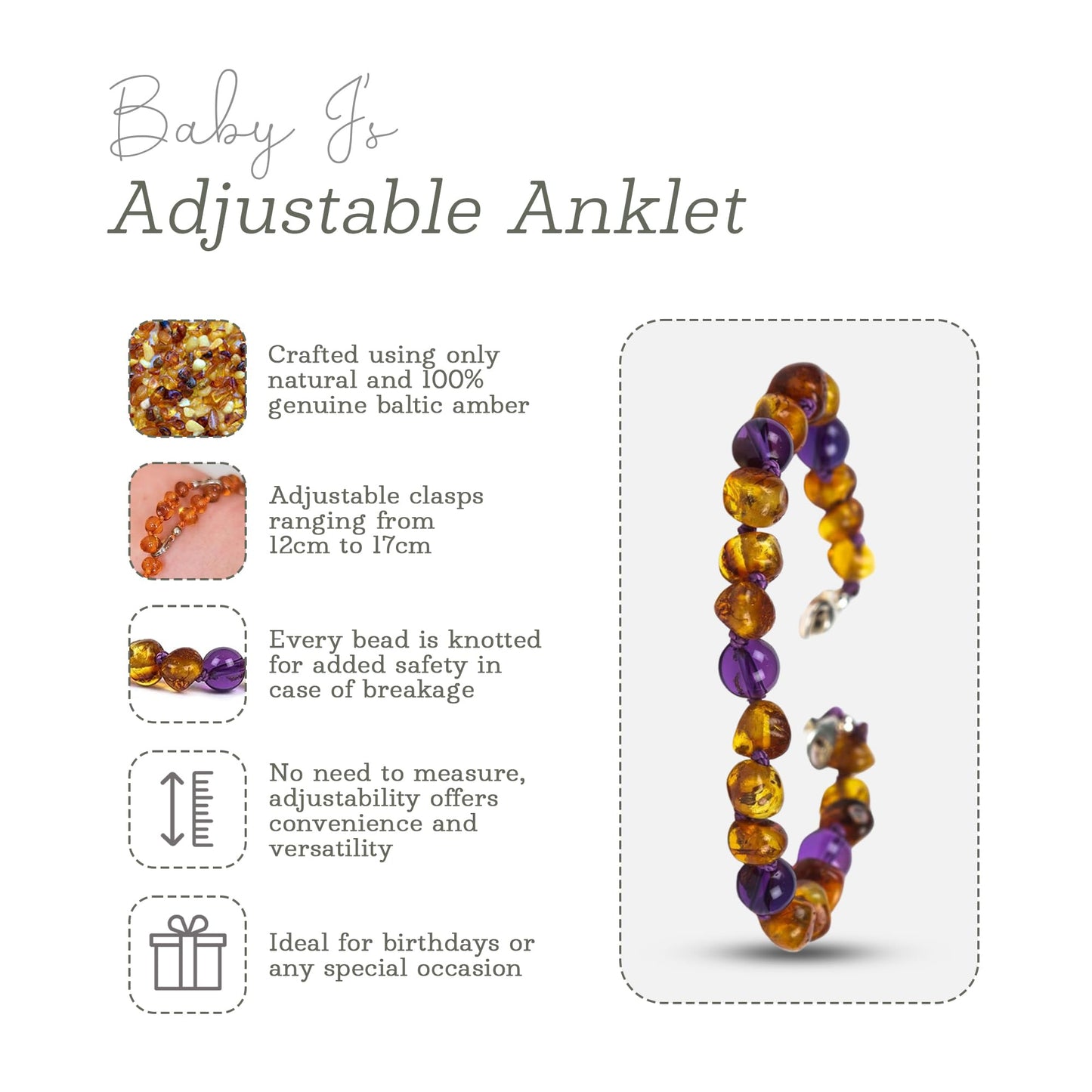 Baby J's - Cognac and Amethyst Coloured Bracelet/Anklet - Premium Amber Bracelet - Handcrafted with 100% Baltic Amber - Fitted with a Safety Screw Clasp - Knotted to Prevent Scattering - 14cm