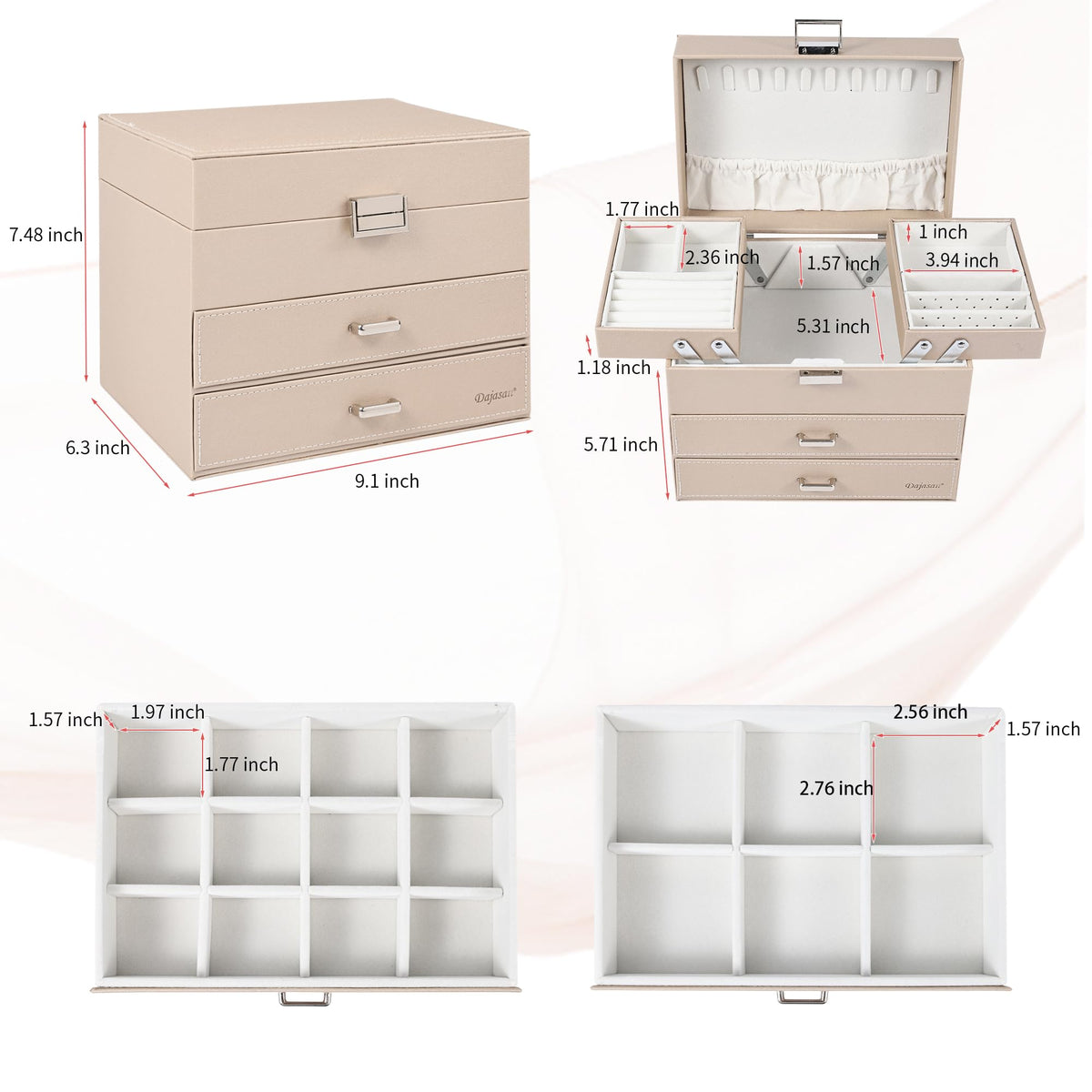Dajasan Jewelry Organizer Box, Large Jewelry Boxes for Women Girls, Space-Saving 4 Layers Jewelry Storage Case with Drawer, Movable Metal Stand, Modern, Gift Idea (Champagne + Silver)