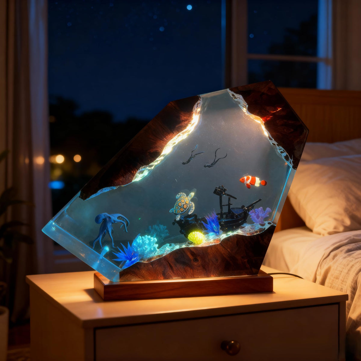 Ocean Resin Lamp – Marine Life Night Light with 16 Color LED, USB Powered Whale Shark & Turtle Desk Lamp with Wooden Base & Remote,Handmade Gift for Christmas, New Year