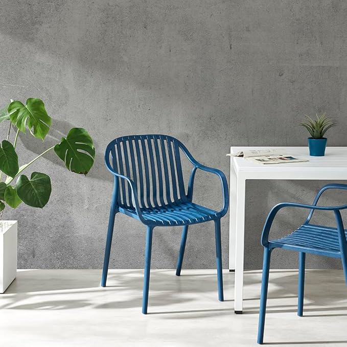 Modern Stackable Outdoor & Indoor Plastic Dining Chairs Set, Armchairs Set, Weather-Resistant, Ideal for Patios, Cafes, and Home Use, Set of 4 (Blue)