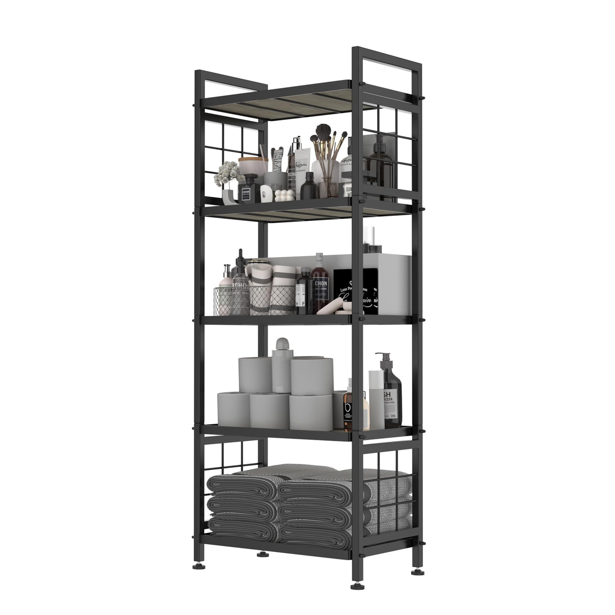 GIOTORENT 5-Tier Pantry Shelves with Wooden Boards, Heavy Duty Storage Shelves & Book Shelf, Adjustable Metal Shelving Unit for Kitchen Bathroom Laundry Organizer, Sturdy Rust-Resistant, Black
