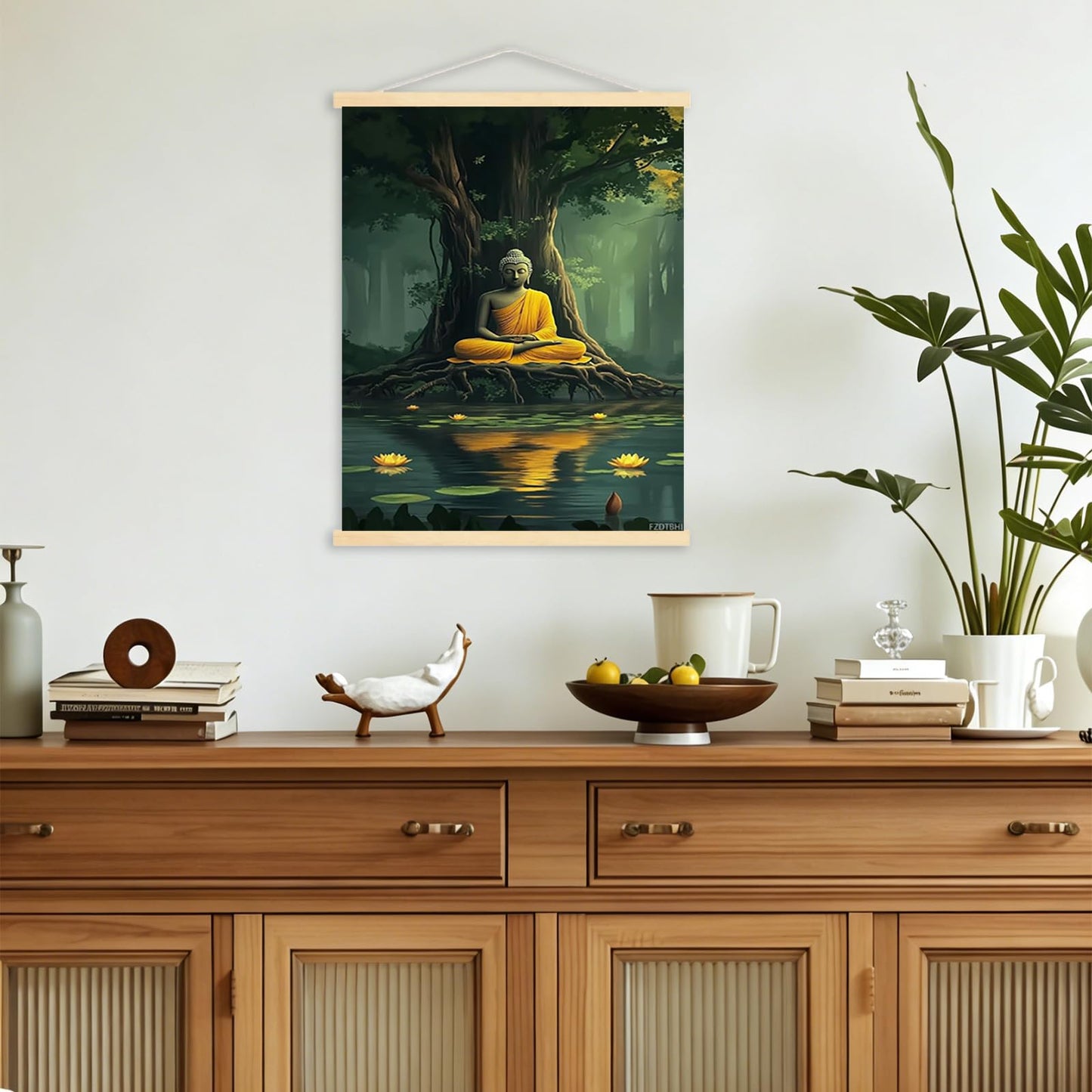 Buddha Canvas Wall Art, Buddha in the Green Jungle Painting Print Poster, Zen Statue Art Pictures Artwork, Meditation Buddhism Wall Decor for Yoga Room, Living Room Framed, 12x16inch