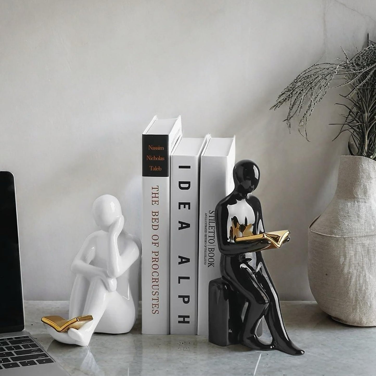 Home Decorative Reading Book Statue Bookends Elegant Resin Bookshelf Room Office Desk Decor,Paper Weights, Book Ends,Bookend Supports, Book Stoppers, Set of 2 (Black and White)