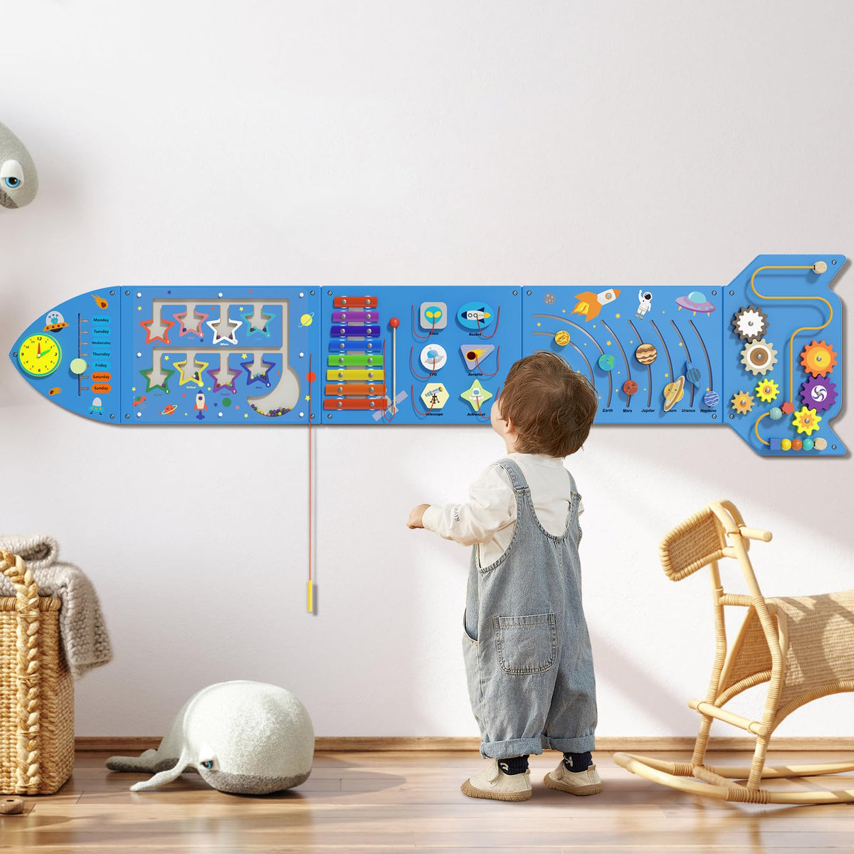 Spacocld Rocket Activity Wall Busy Board Panels - Sensory Wall Panel for Kids, Montessori Toddler Wall Activity Board, Wall Toys for Toddlers 3, Activity Cube, Wooden Multi-Activity Boards, Blue(5PCS)
