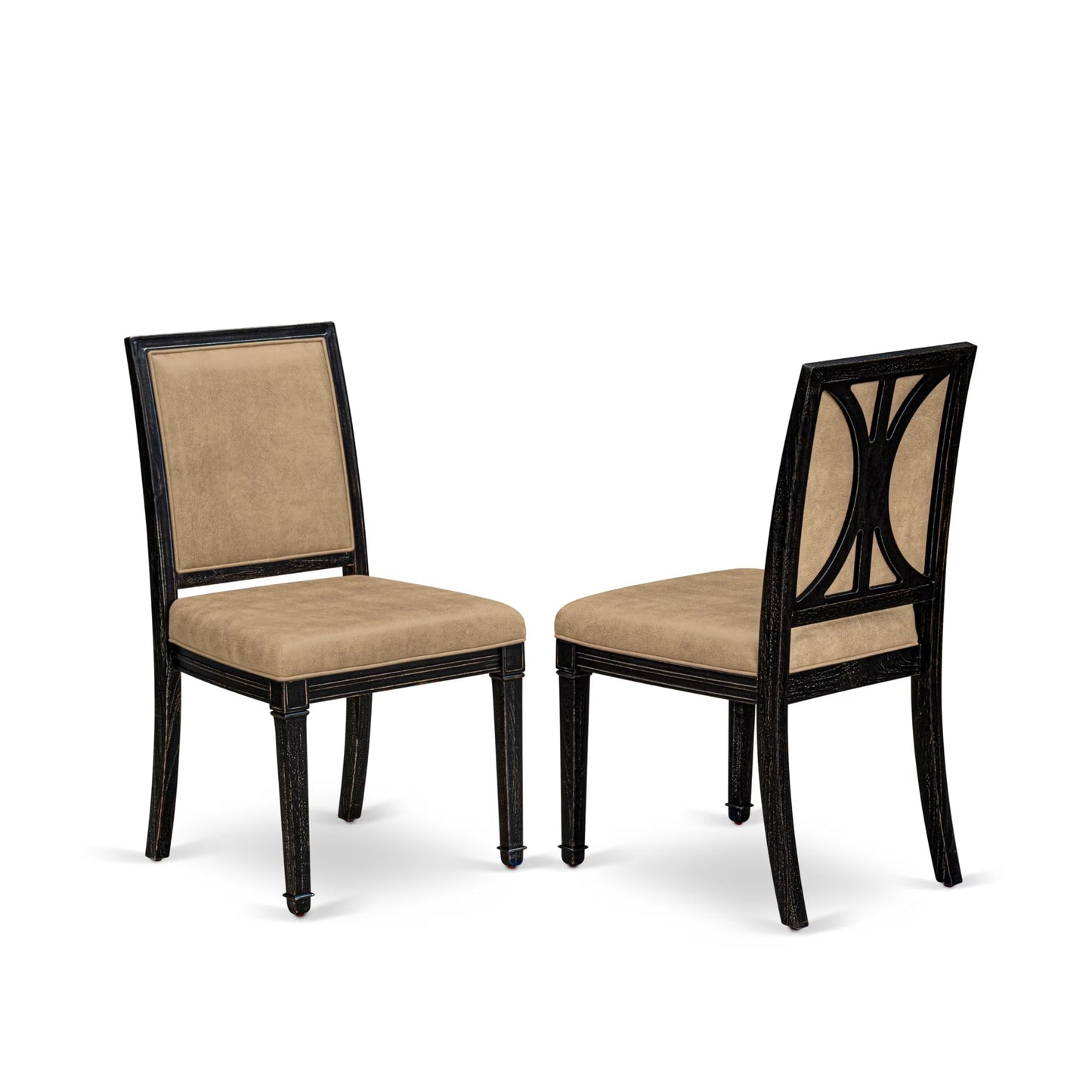 Luxe by East West Furniture - I3AM7-411-28 7-Piece Dinner Table Set Contains a Round Wood Dining Table and 6 Beige Polyester Chairs with High Back, Sand Blasting Black Finish.