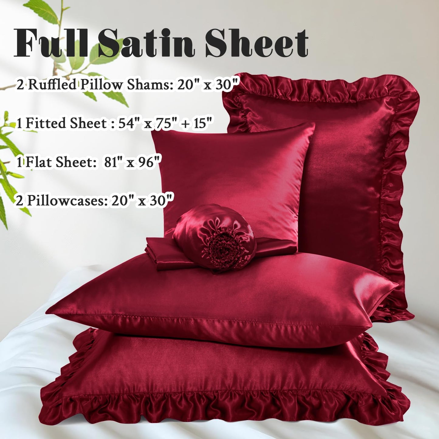 Homiest Ruffled Satin Sheets Full Size 6pc Set - Burgundy Bed Sheet Set with 15 Inch Deep Pocket Fitted Sheet, 1 Flat Sheet, 2 Ruffled Pillow Shams & 2 Pillowcases, Similar to Silk Sheets