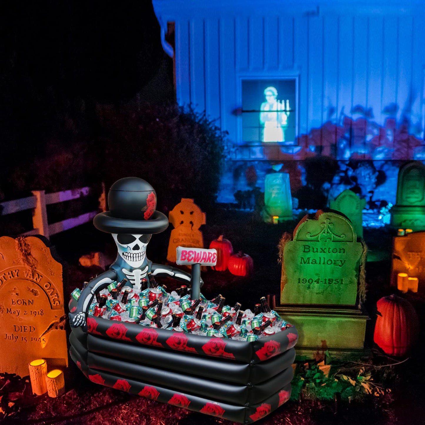 43 Inch Halloween Birthday Party Decorations Inflatable Cooler, 120+ Cans Halloween Supplies Large Capacity Scary Coffin Skeleton for Drink Beverage Holder, Party Favors for Adults Outdoor Indoor