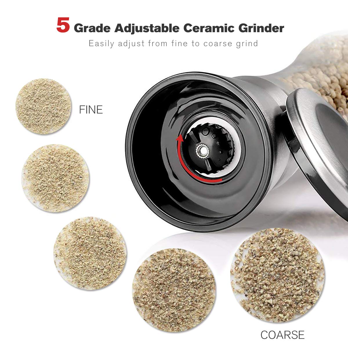 bonris Premium Salt and Pepper Grinder Set with Stand Stainless Steel Manual Spice Adjustable Coarseness with Five Grinding Level Pepper Mill Grinders Shakers Set with Silicone Funnel (Pack of 2)