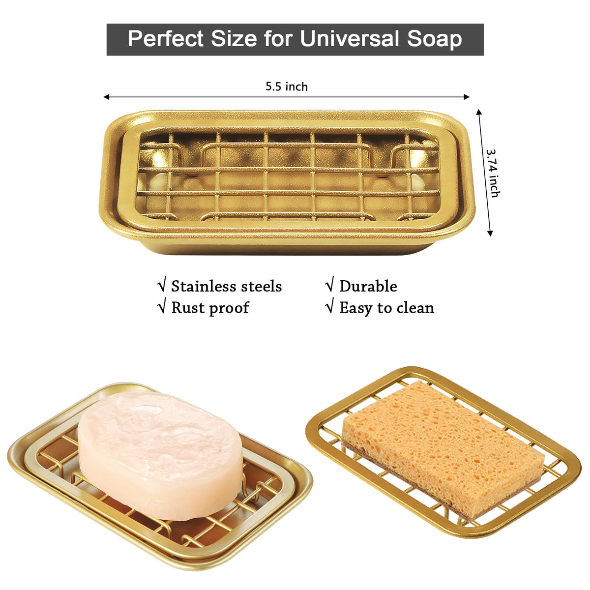 Kitchen and Bathroom Soap Dish Tray - Metal 2-Piece Soap Dish Tray with Drainage Grid and Holder for Kitchen Sink Countertops to Store Soap, Sponges, Scrubbers - Rust Resistant (2 Pack, Gold)