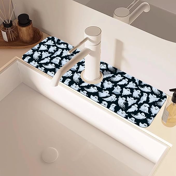 Halloween Ghost Kitchen Sink Splash Guard Mat Absorbent Fast Drying Mat Faucet