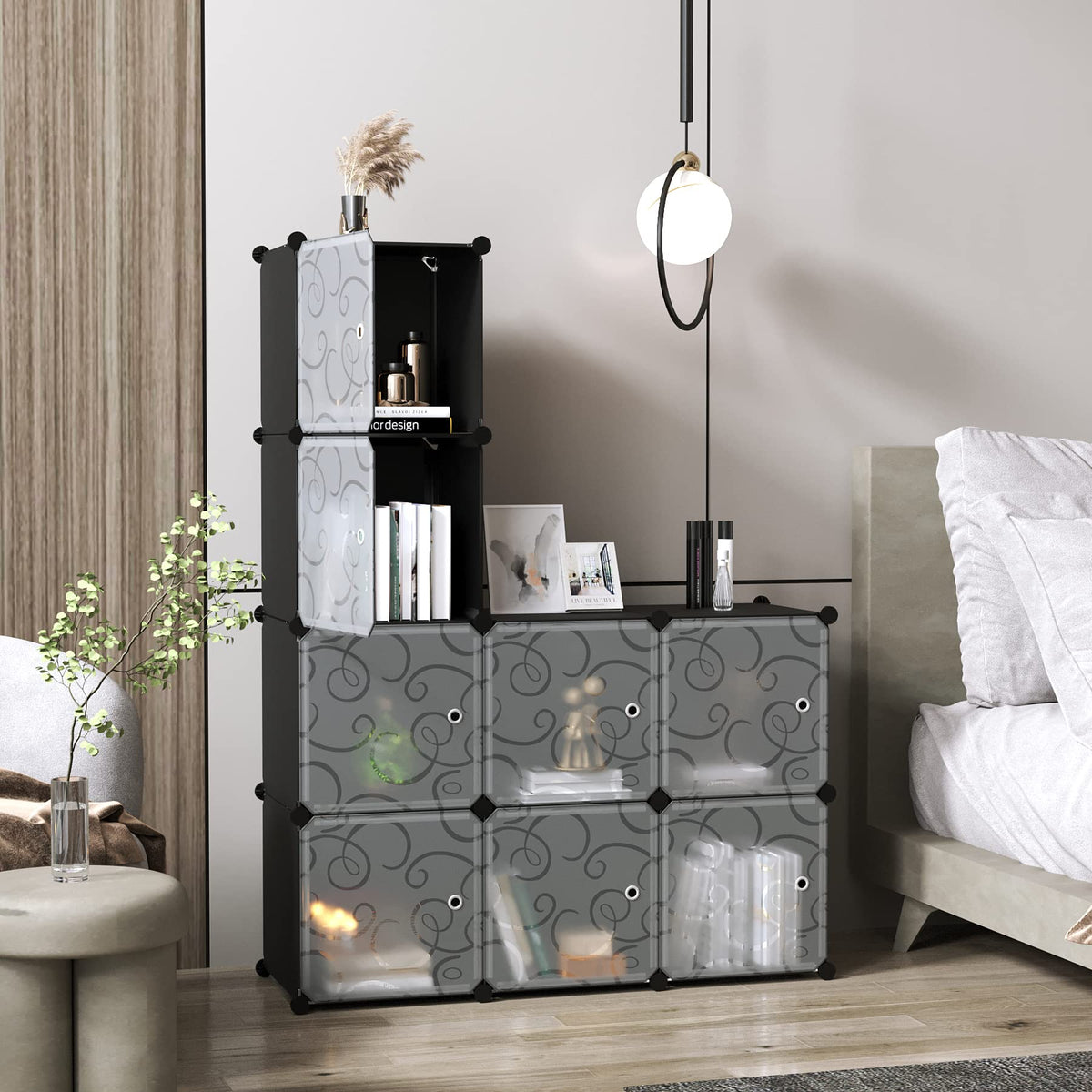 C&AHOME Cube Storage Organizer with Doors, 8-Cube Shelves, Closet Cabinet, DIY Plastic Modular Bookshelf, Storage Shelving Ideal for Bedroom, Living Room, 24.8" L × 12.4" W × 48.4" H Black UGSHS3008A