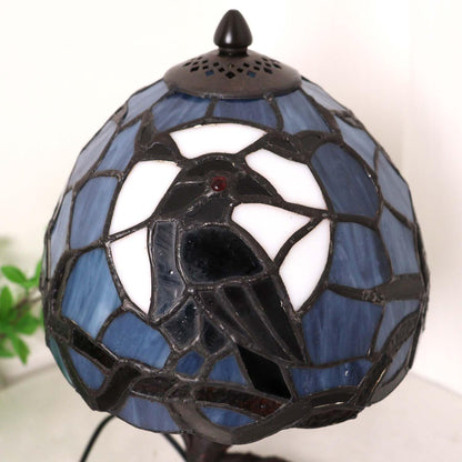 Bieye L12010 Raven Sitting on Bare Tree Branch in Full Moon Night Tiffany Style Stained Glass Table Lamp for Home Decor (Dark Blue, 8Wx14H)