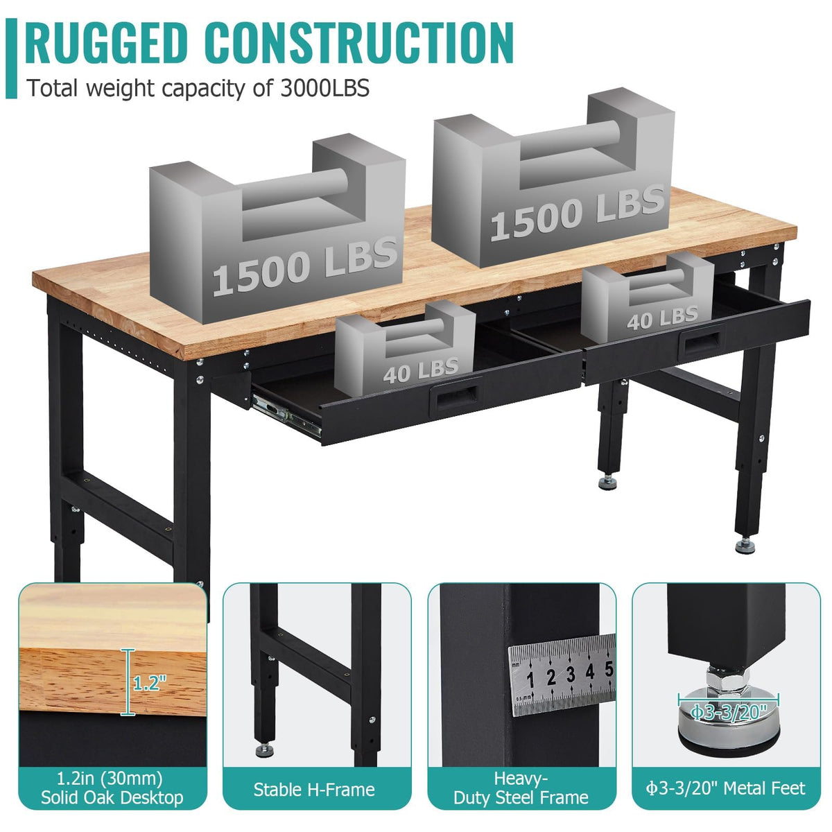 60" Adjustable Workbench, 3000 Lbs Capacity Heavy-Duty Work Bench Table with Power Outlet & Pegboard, Rubber Wood Top Garage Work Table with 2 Drawers & Pegboard for Workshop, Garage, Office