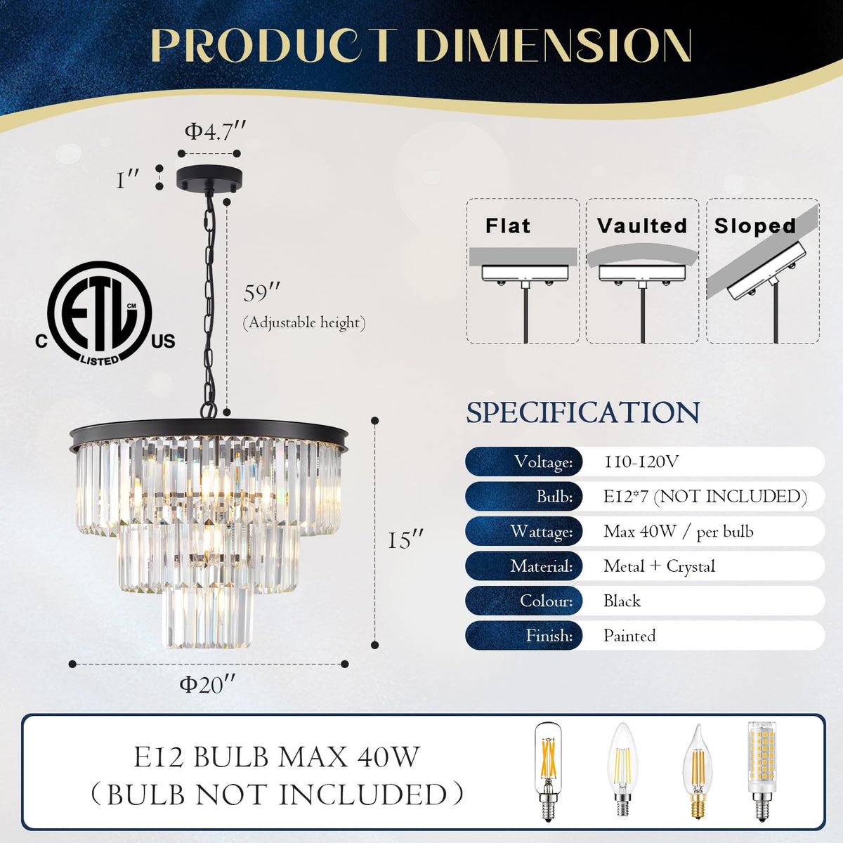 MERINEA Crystal Chandeliers Black Modern Round 20" Chandelier 7 Lights 3-Tier Ceiling Pendant Light Fixture Luxury K9 Crystal Lighting for Living Room Dining Room Bedroom Kitchen Foyer