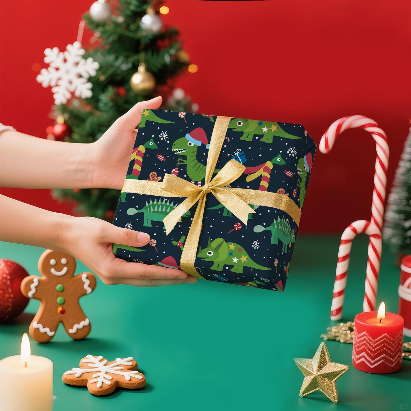 WRAPAHOLIC Dinosaur Christmas Wrapping Paper - Mini Roll - 17 Inch x 16.5 Feet - Green Christmas Dinosaur Wrapping Paper for Boys Girls Kids, Xmas Holiday, Party Celebration