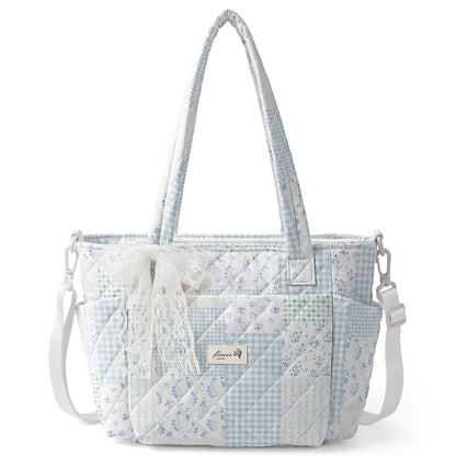 WOBAGMEN Quilted Lunch Box for Women,Insulated Lunch Tote Bag for Women for Work, Coquette Large Capacity Lunch Tote with Shoulder Straps, Elegant Lunch Purse for Office, Travel, Daily Use,Green Blue