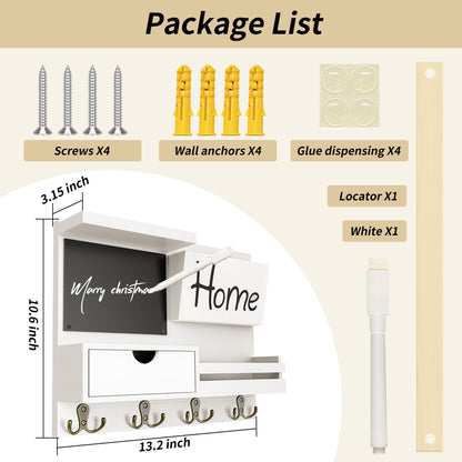 Farmhouse Key Holder for Wall with Mail Organizer - Easy Installation Wall Mount Organizer, Includes Chalkboard, Drawer, Wallet Holder & 4 Double Hooks, Ideal for Entryway, Quick Access - White