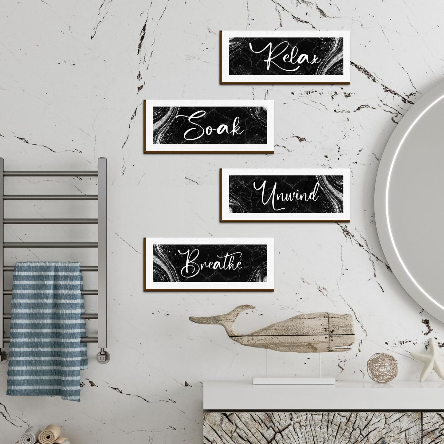 Bathroom Wall Decor 4 Pieces - Modern Marble Relax Soak Unwind Breathe Signs - Elegant Spa Bathroom Wall Art - Minimalist Wooden Plaque Set for Bathtub Home Decor Housewarming Gift