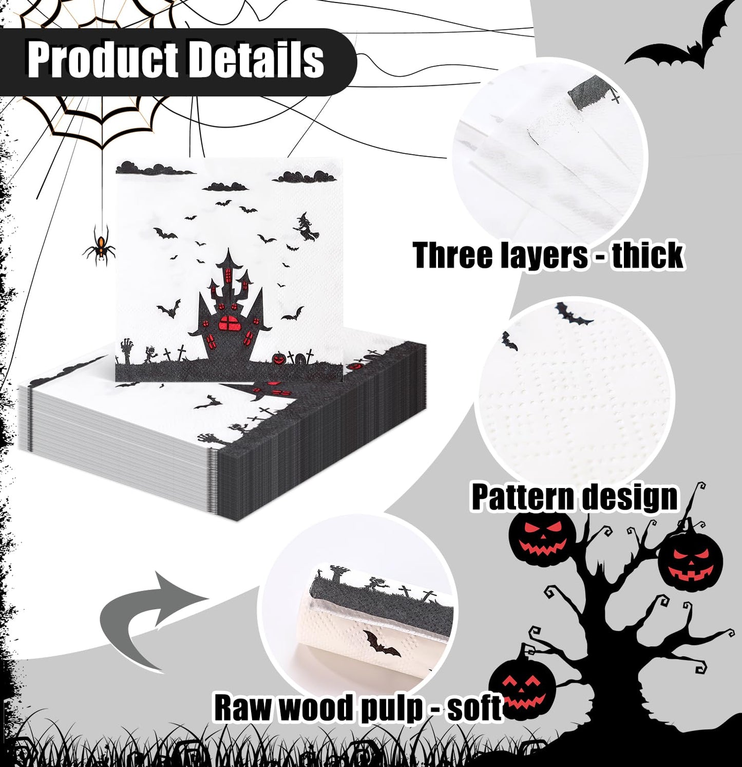 SietDESEO 50 Pieces 3-ply Halloween Napkins Disposable Folded 5 x 5 Inches Cocktail Napkins Paper Napkins for Halloween Party Supplies Dinner Napkins