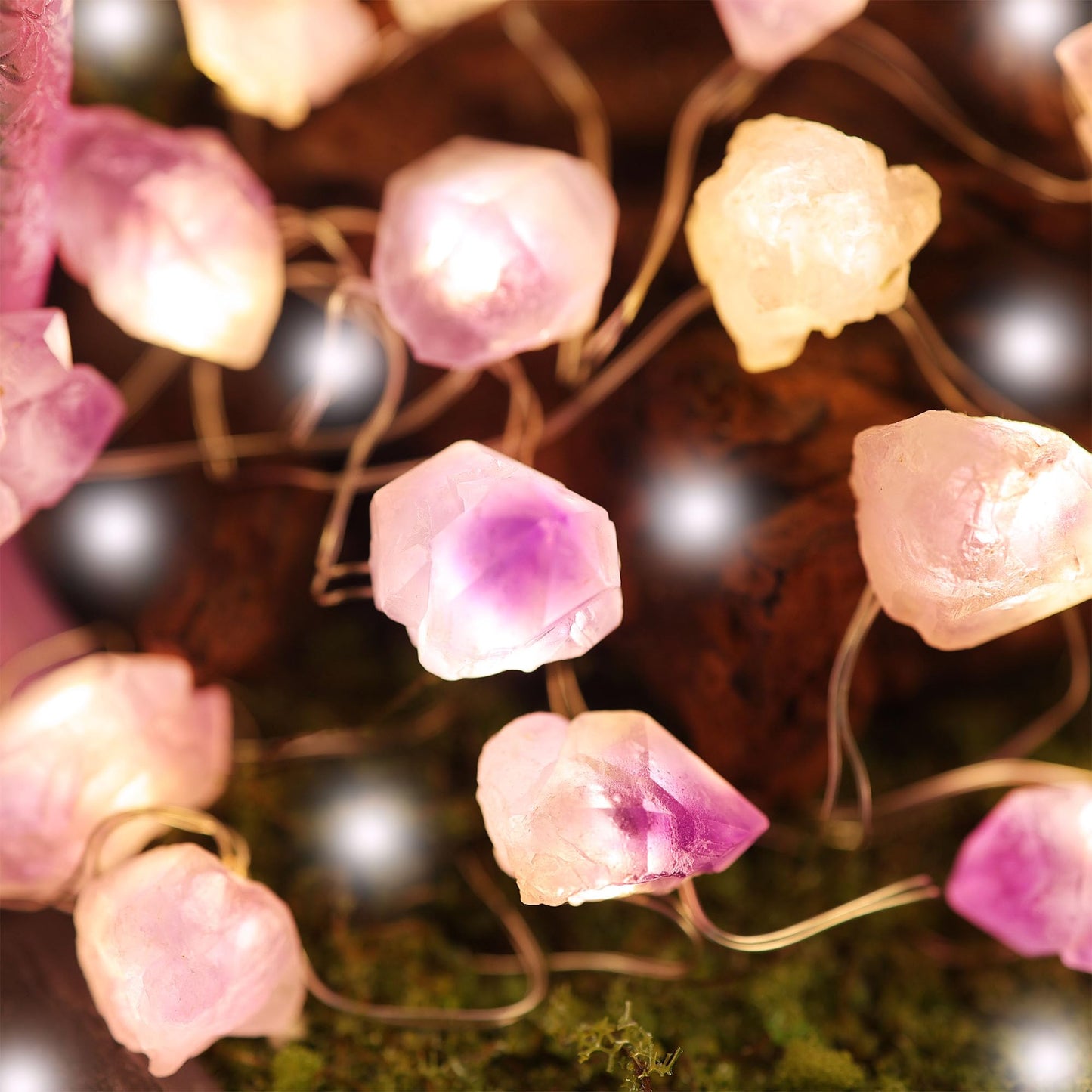 JASHIKA Genuine Amethyst Crystal Fairy Lights, Natural Healing 20 Raw Stones String of Lights 6.5ft Remote Control USB Plug in for Reiki Ornaments Bedroom Wedding Decoration