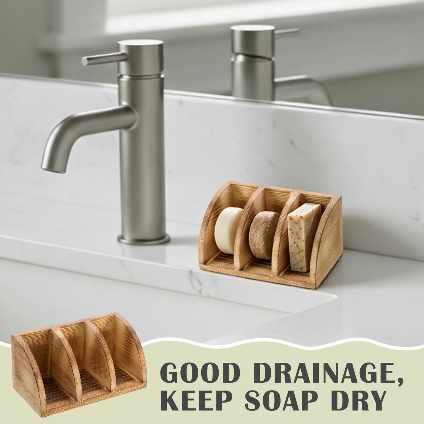 Ferrochef Wooden Shampoo Bar Holder Multi Bar Soap Dish with Self Draining, 3 Slot, Natural Wood Soap Holder for Shower Conditioner Bathroom Organizer, Extend Shampoo Life, Keep Dry Neat
