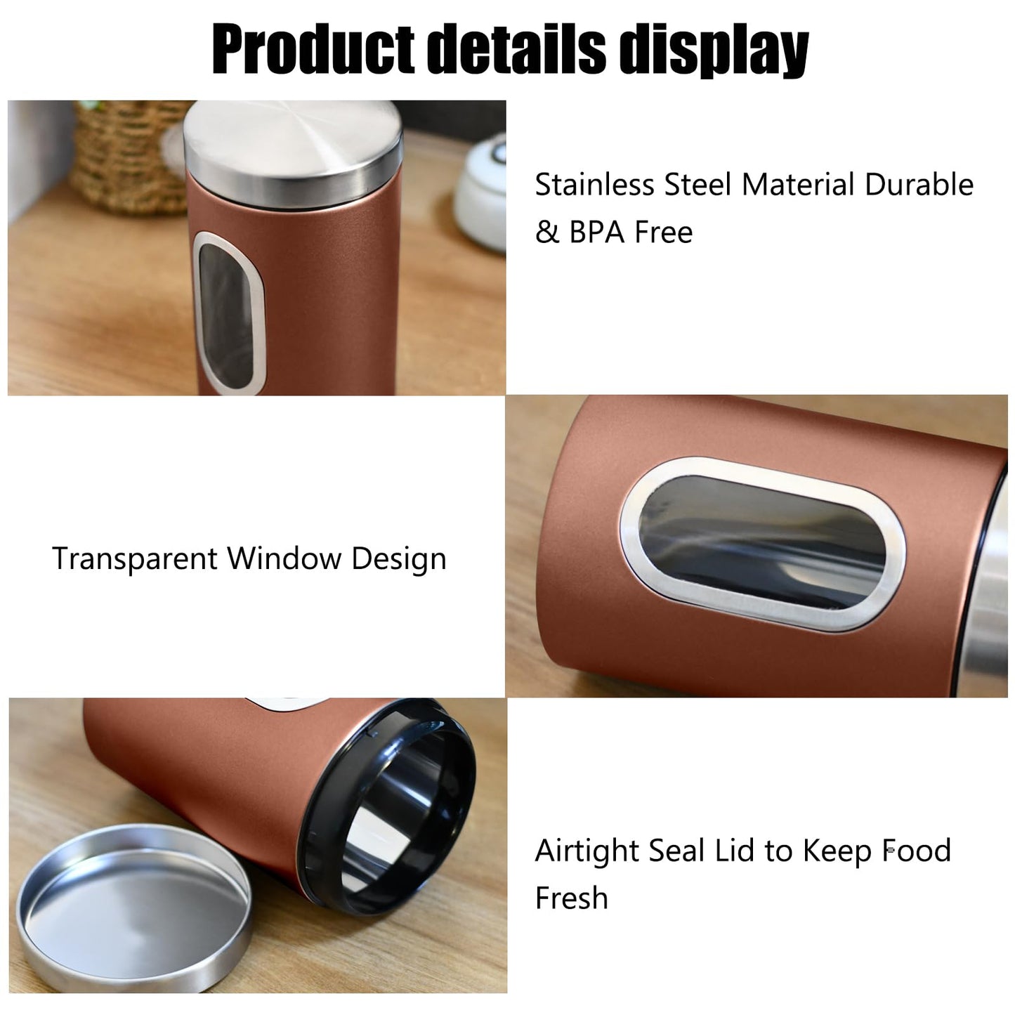 QYQRQF Canisters Sets for the Kitchen, 3pcs Sugar Flour Tea Coffee Storage Jars Stainless Steel Food Container Organizer for Kitchen Counter with Transparent Window (bronzy)