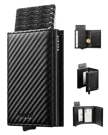 VULKIT Credit Card Holder RFID Blocking Leather Bifold Mens Wallet Automatic Pop Up with Banknote Compartment (Carbonfiber)