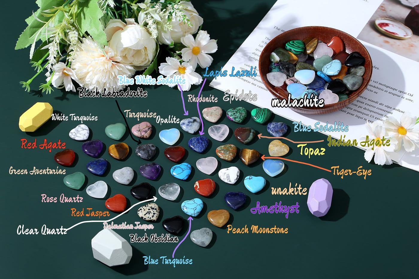 NUKAYAI 40 PCS Healing Crystals Mother Gemstones Love Heart Shaped Trinket Rose Quartz Amethyst Set Wholesale Worry Stone Reiki Healing Crystal Cute Bulk Meditation Mother's Day Gifts for Women