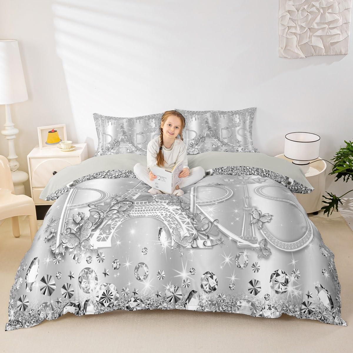 Paris Duvet Cover Set King Size Sliver Glitter Diamond Bedding Set 3pcs for Kids Girls Boys Women Room Decor,Romantic Eiffel Tower Comforter Cover Luxury Pearls and Jewels Quilt Cover,2 Pillowcases