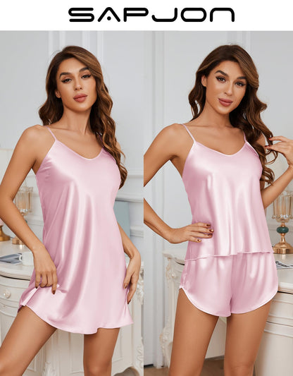 SAPJON Silk Pajamas for Women 5Pcs Sleepwear Loungewear Satin Robe Cami Shorts Pj Set Pink