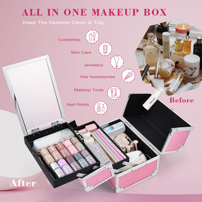 Joligrace Makeup Box Vanity Case Cosmetic Organiser Box Beauty Storage Train Case with Mirror, Lockable with Keys, Holographic Pink