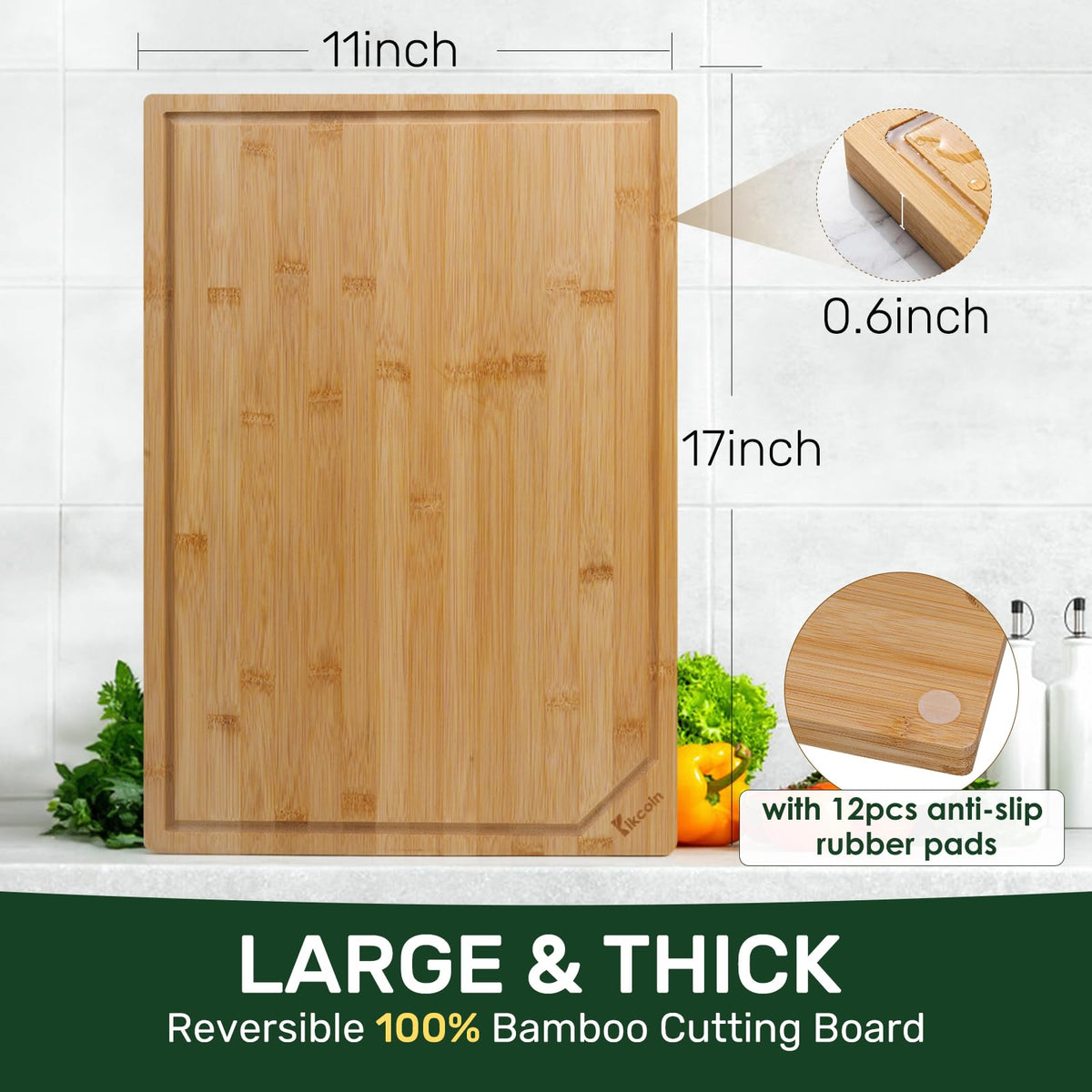 Kikcoin 17”×11” Bamboo Cutting Boards for Kitchen, Healthy Wooden Cutting Boards for Kitchen, Charcuterie, Extra Large Chopping Boards with Deep Juice Groove, Fathers Day Gift for Men, Natural