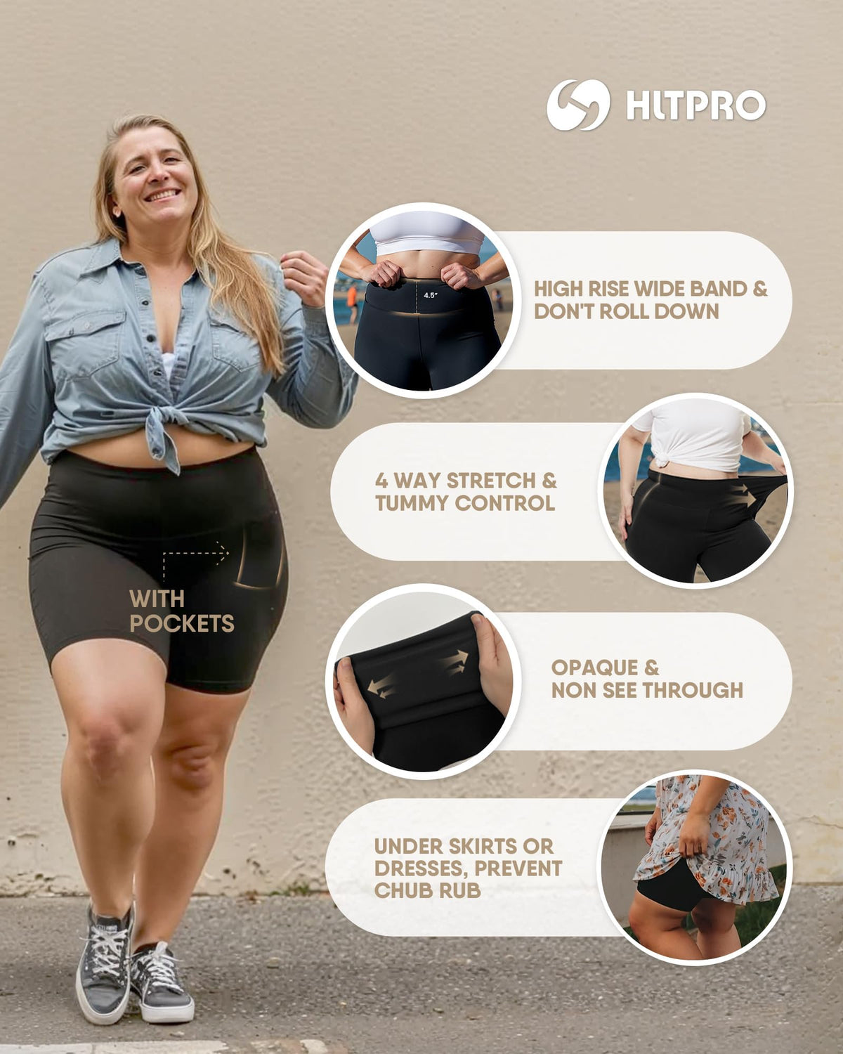 HLTPRO 3 Pack Plus Size Biker Shorts with Pockets for Women - 5" High Waist Soft Spandex Workout Yoga Running Shorts (2X, 3X)