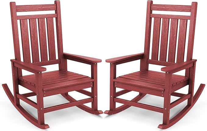 SERWALL Oversized Outdoor Rocking Chair Set of 2, HDPE Rocker for Adults, Patio Rocking Chairs for Porch, Crimson Red