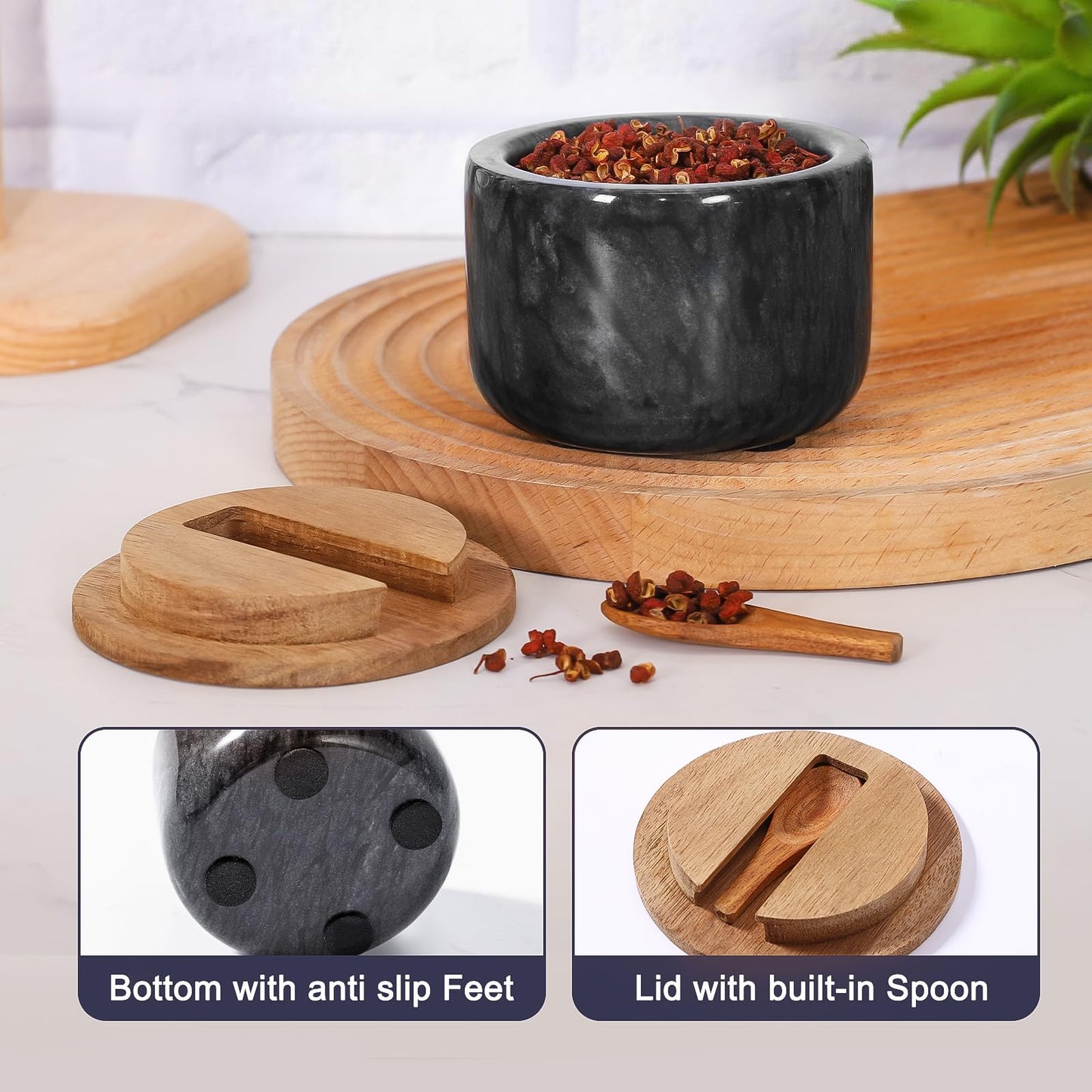 RAETTER.LY Salt and Pepper Bowl, Marble Salt Cellar and Spices Storage Container With Built-in Spoon and Acacia Wood Lid - 6.5oz Capacity (Black)