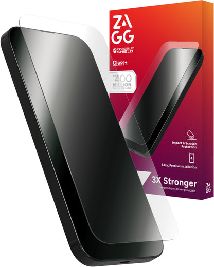 ZAGG Glass+ Screen Protector for iPhone 16e/ 14/13/ 13 Pro - 3X Shatter Protection, High Scratch Resistance, Oil-Resistant, Reinforced Edges, InvisibleShield, Easy Install