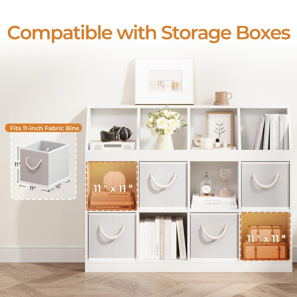 NELYE 6-Cube Wooden Storage Bookcase - 11-Inch Open Shelf Cabinet, Simple Modern Bookshelf Organizer for Home Office, Living Room, White