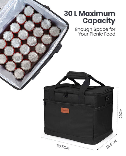 Kollea Black Cool Bag - 30 Litre Cool box -Insulated Cooler Bag Lunch Bag Keep Warm and Cold, Leak-Proof, With Carriying Straps, Multiple Pockets - Ideal for Travel, Camping, Picnics, BBQ