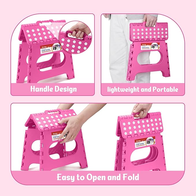 ACSTEP Folding Step Stool 11 Inch, Sturdy Plastic Foldable Step Stool for Kids & Adults, Non Slip Lightweight Collapsible Foot Stools Holds 300 lbs, Ideal for Kitchen, Bathroom, Bedroom, Rose red