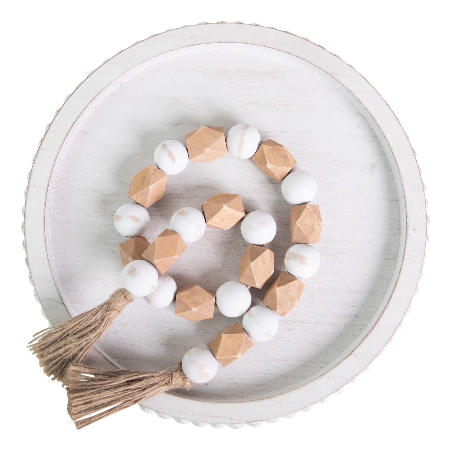 HPC Decor 12in Round Wood Tray - White, Distressed, Farmhouse Rustic - Decorative Tray for Living Room, Coffee Table, Kitchen Table or Farmhouse Serving Tray