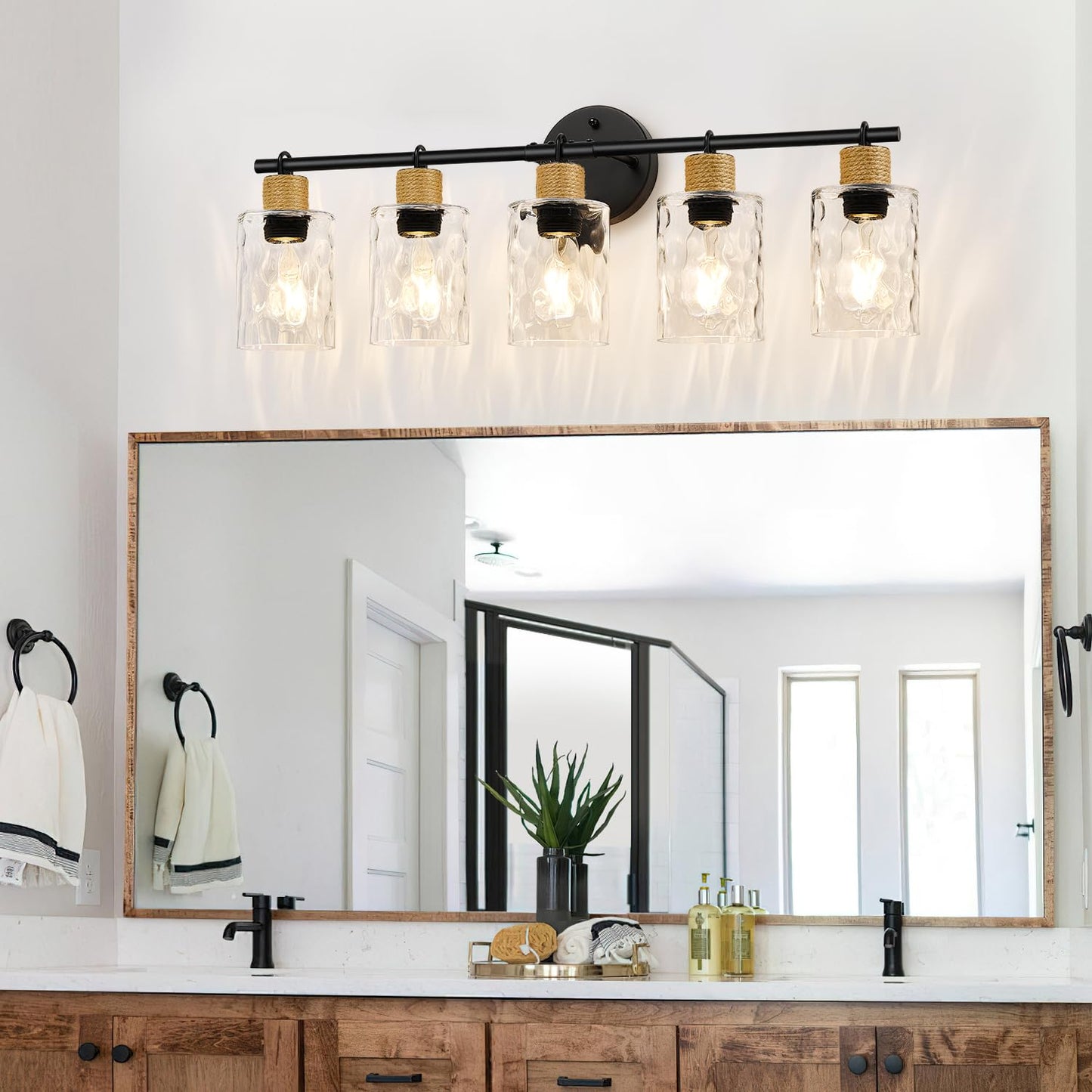 MOKATNG Bathroom Light Fixtures, 5-Light Coastal Vanity Lights with Crystal Glass Shade, Black Bathroom Wall Lamp for Mirror Kitchen Hallway Cabinet