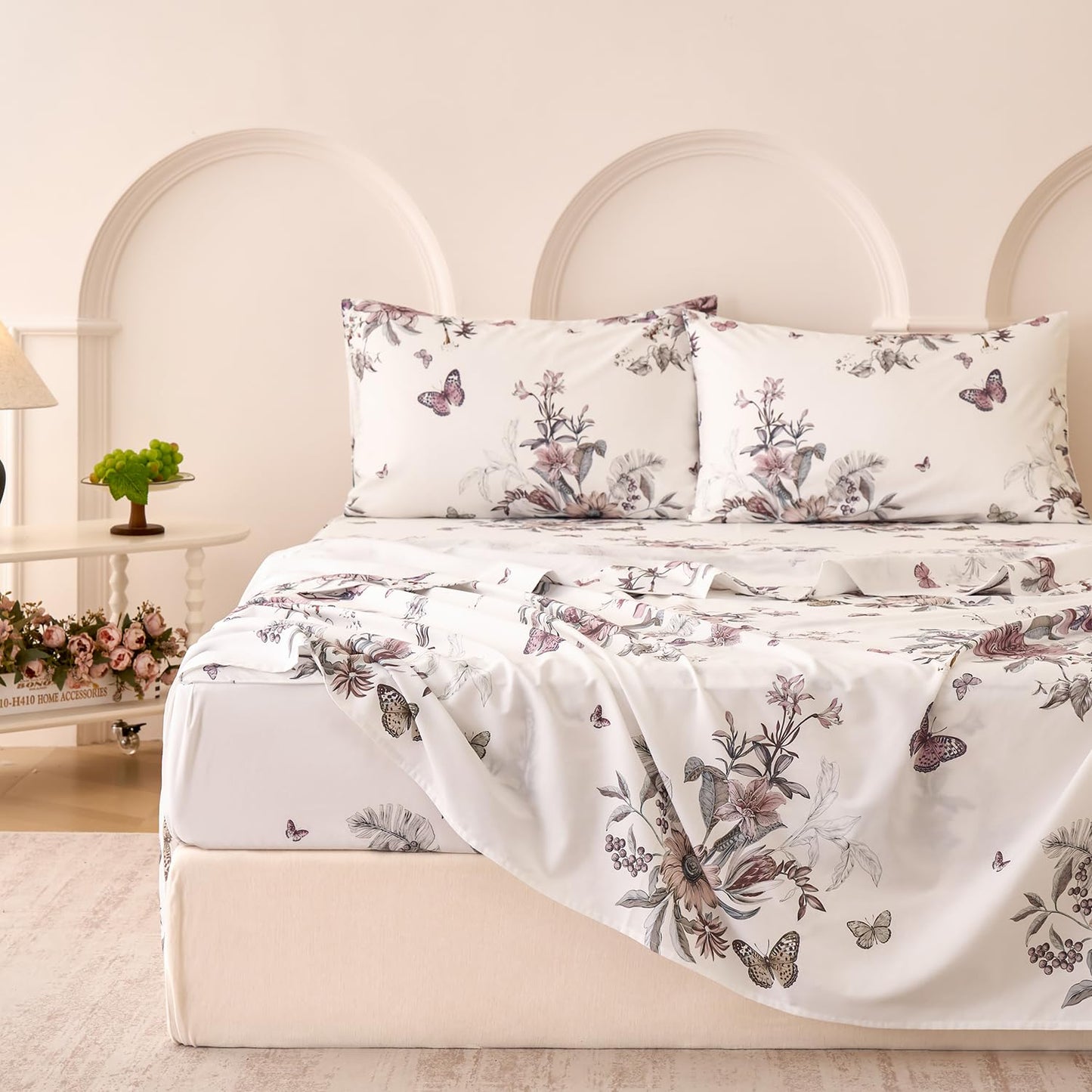 Huborise Queen Size Sheet Set Dusty Rose Floral Bed Sheets 100% Cotton 4Pcs, Light Pink Flower & Butterfly Printed Bed Set with Deep Pocket 17.5", Soft Breathable & Crisp, Luxury French Country Style