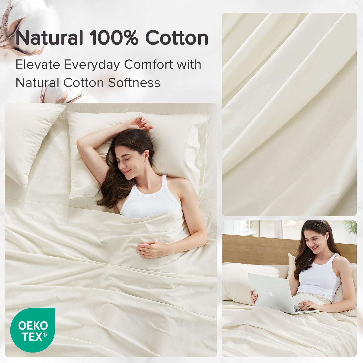 Comfort Spaces 100% Cotton Sheets Full, Breathable & Ultra Soft Cotton Sheets, Naturally Cool Cotton Bed Sheets with 14" Elastic Pocket Fits up to 16" Mattress, All Season Sheet Set, Ivory 4 Piece