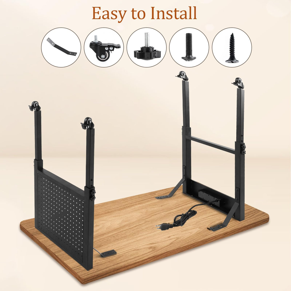 Adjustable Height Workbench Legs with 4 Metal Wheels, Sturdy Industrial Furniture Table Legs with one Pegboard Panel, Perfect for Rolling Work Table and Work Bench