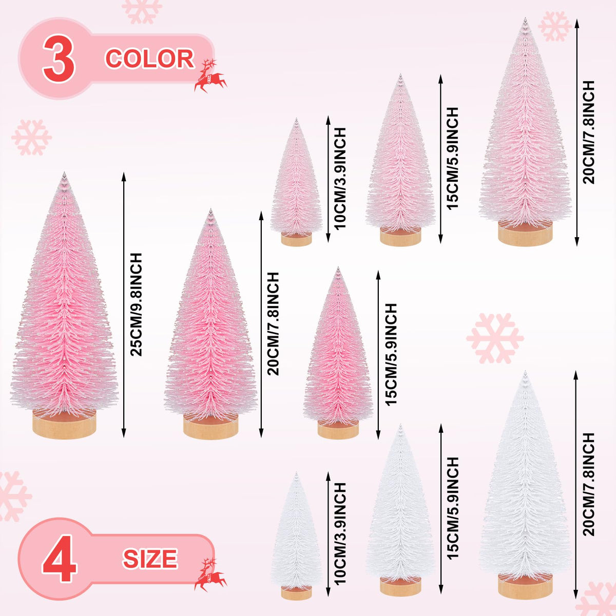 Leyndo 9 Pcs Pink Classic Artificial Mini Christmas Tree Sisal Bottle Brush Trees with Wood Base Christmas Pine Trees for Autumn Winter Holiday Home Kitchen Party Decor