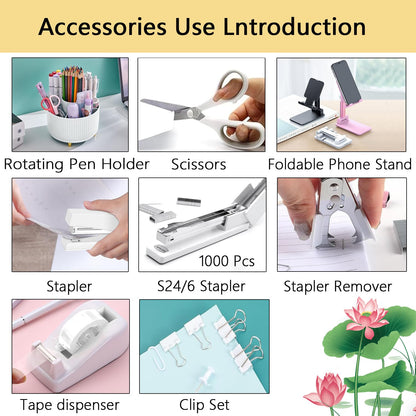 Office Supplies,Desk Accessories,Desk Organizer,Stapler,Tape Dispenser,Folding Phone Holder,Scissors,Notebook,Staple Remover,Staples,Clear Tape,Sticky Notes,Paper Clips,Bookmark,Pen,Pen pals Ect.27pcs