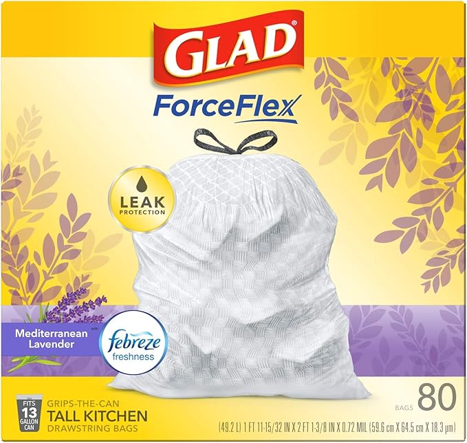Glad ForceFlex Tall Kitchen Trash Bags, 13 Gallon, Gain Lavender
