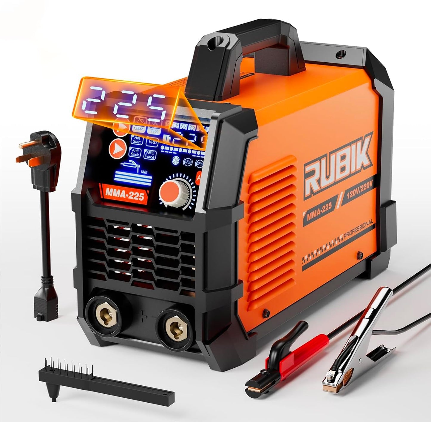 225 Amp Stick Welder with Large LCD Display, Digital IGBT Inverter, 110V/220V Portable Stick Welding Machine. Features include Dual Voltage, Hot Start, Arc Force, Anti-Stick, and VRD Protection