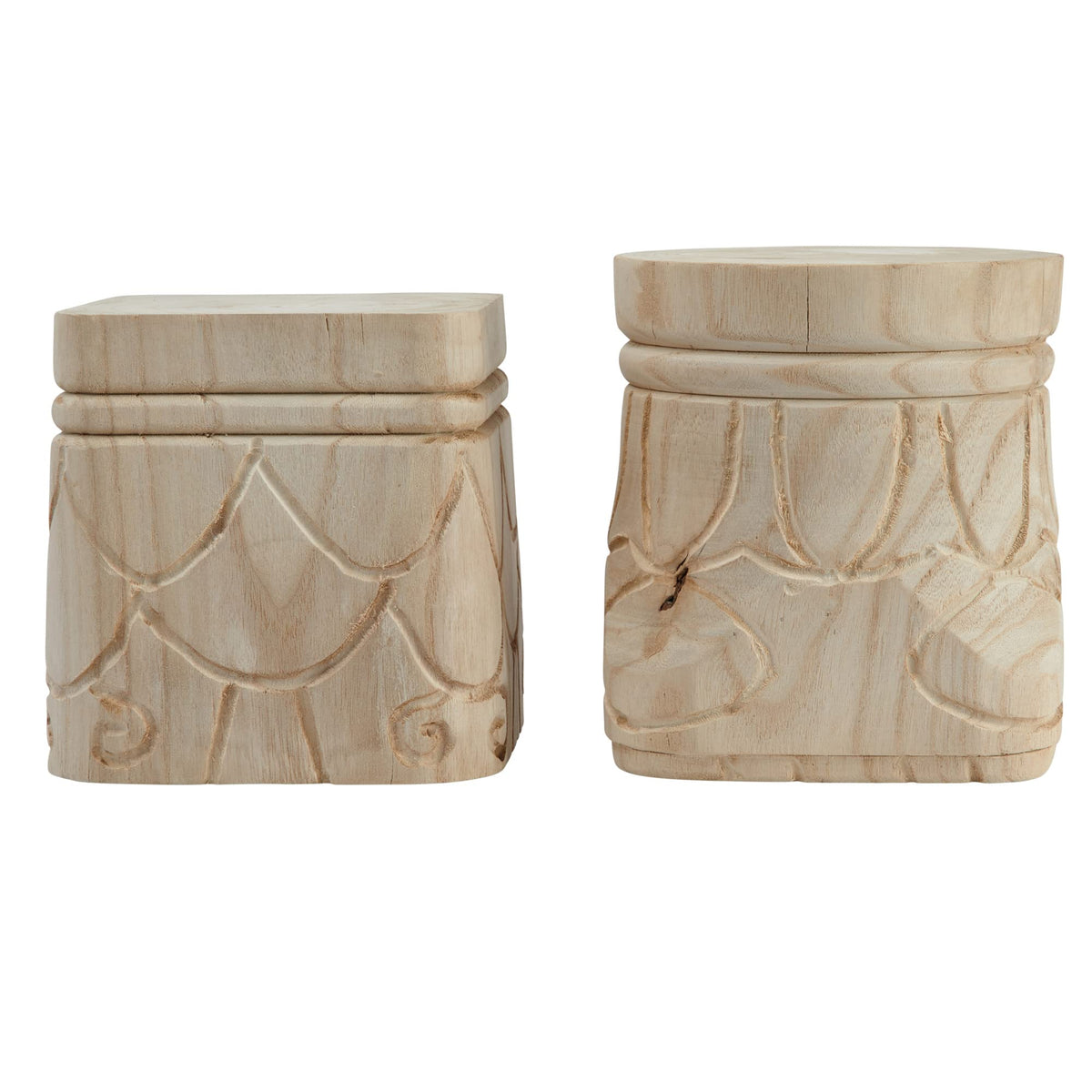 Creative Co-Op Decorative Paulownia Wood Pedestals with Carved Design, Set of 2 Styles, Natural